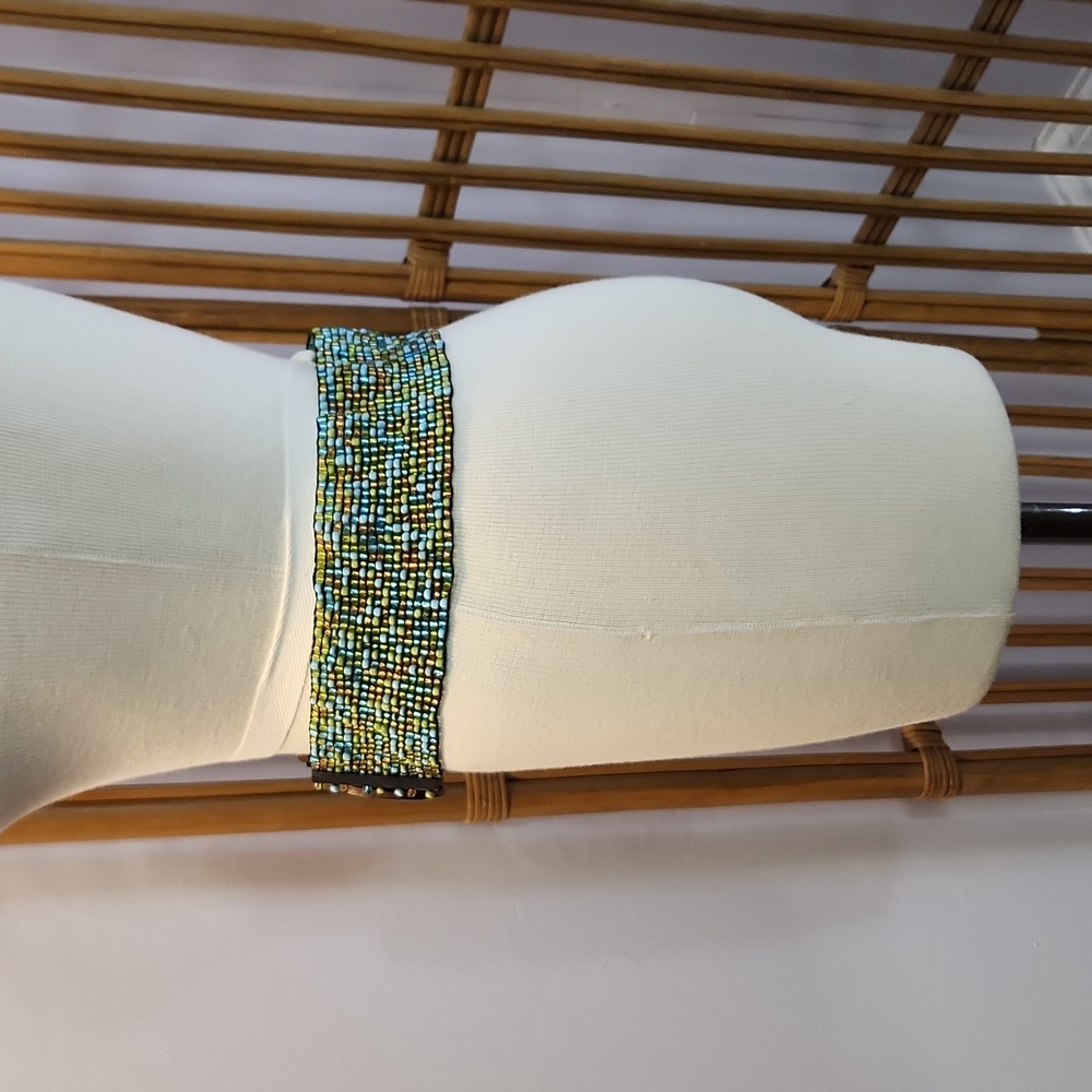 Beaded stretchy belt with wooden clasp closure Boho Festival 70's Hippie - Picture 4 of 10
